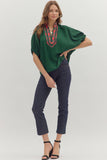 Plaid Trim Split Neck Top | Green