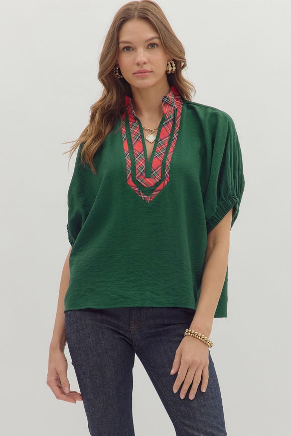 Plaid Trim Split Neck Top | Green