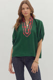 Plaid Trim Split Neck Top | Green