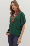 Plaid Trim Split Neck Top | Green