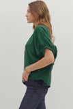 Plaid Trim Split Neck Top | Green