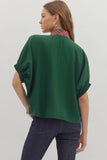 Plaid Trim Split Neck Top | Green