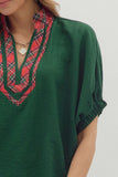 Plaid Trim Split Neck Top | Green