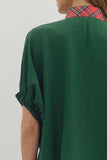 Plaid Trim Split Neck Top | Green
