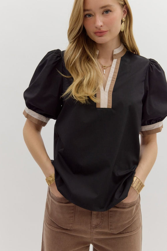Stripe Trim Bubble Sleeve Top | Black