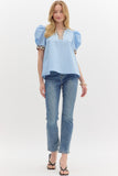 Leopard Accent Volume Top | Light Blue