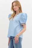 Leopard Accent Volume Top | Light Blue