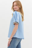 Leopard Accent Volume Top | Light Blue