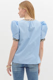 Leopard Accent Volume Top | Light Blue