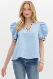 Leopard Accent Volume Top | Light Blue