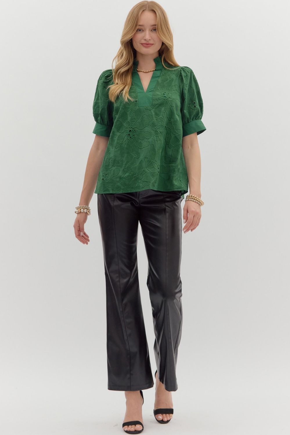 Embroidered Floral Band Trim Top | Green