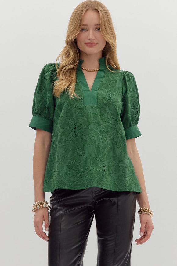 Embroidered Floral Band Trim Top | Green