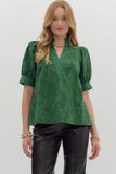 Embroidered Floral Band Trim Top | Green