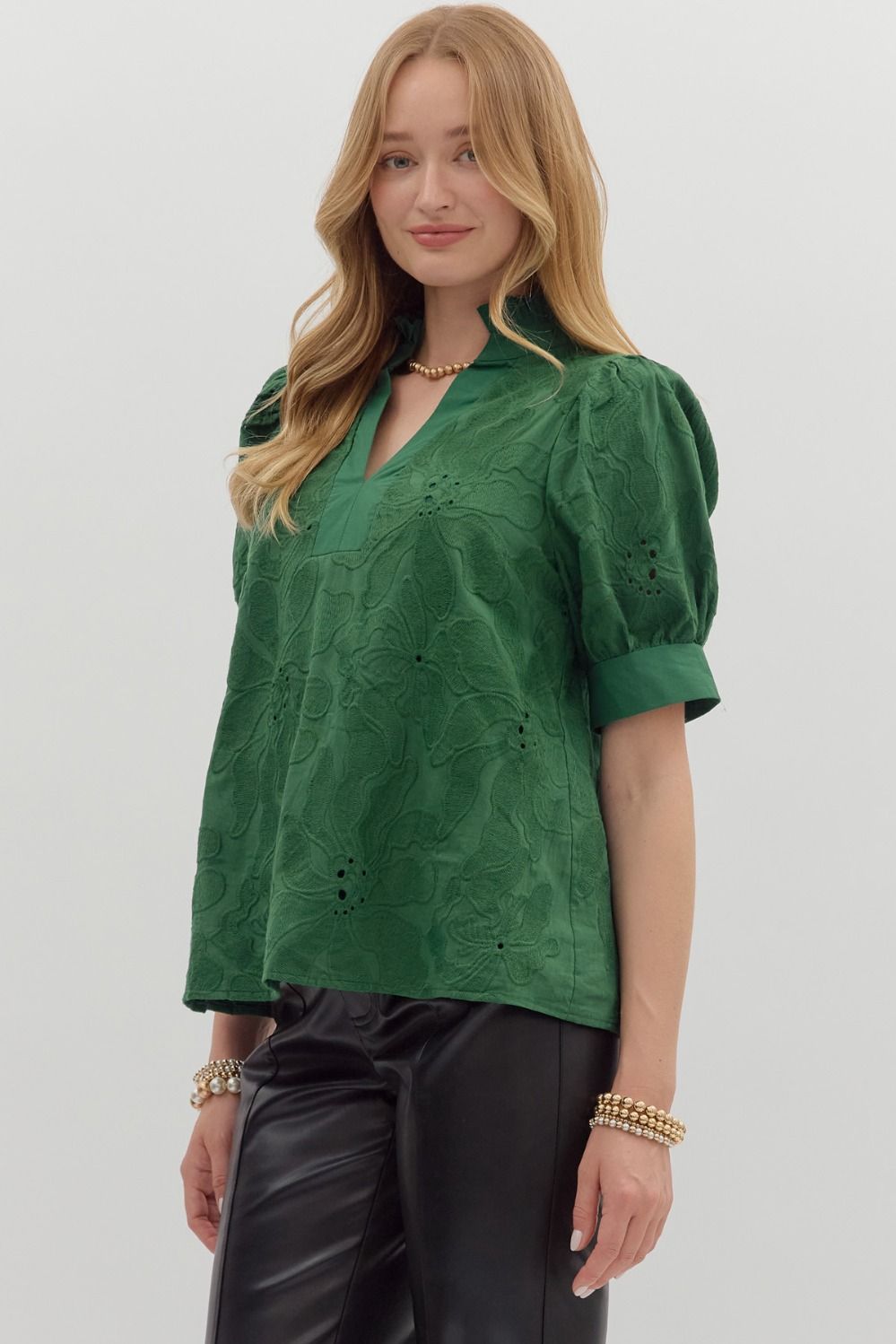 Embroidered Floral Band Trim Top | Green