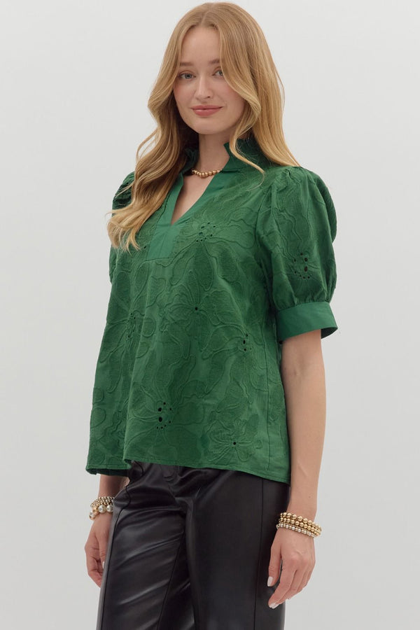 Embroidered Floral Band Trim Top | Green