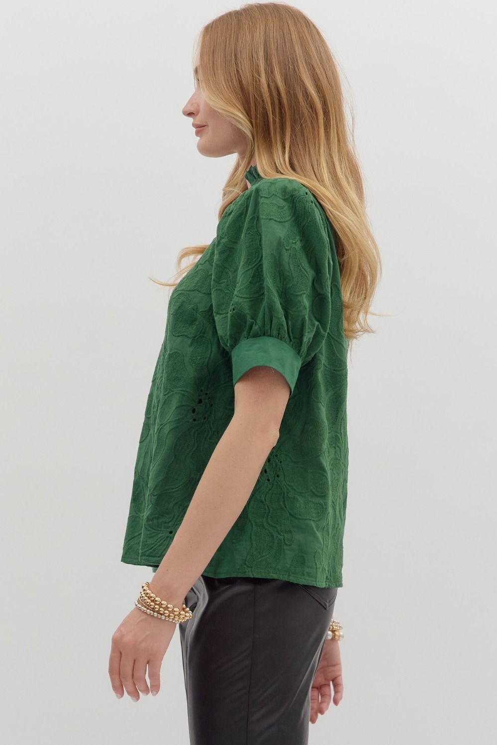 Embroidered Floral Band Trim Top | Green