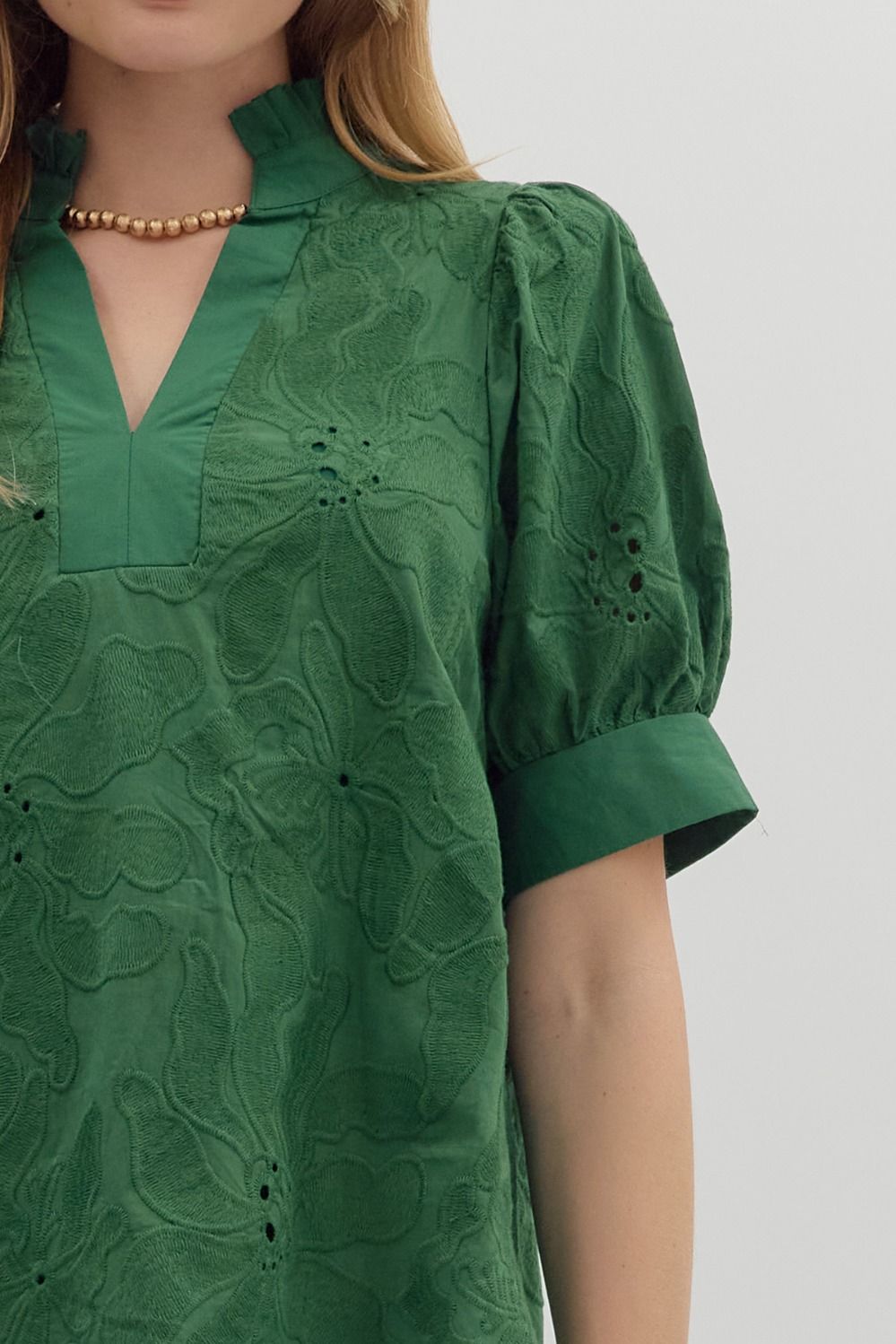 Embroidered Floral Band Trim Top | Green