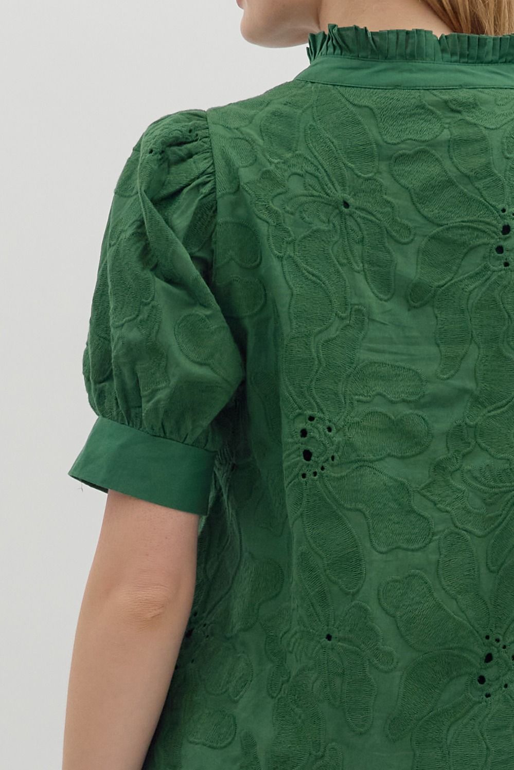 Embroidered Floral Band Trim Top | Green