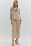 Leopard Trim Split Neck Top | Light Taupe
