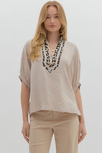 Leopard Trim Split Neck Top | Light Taupe