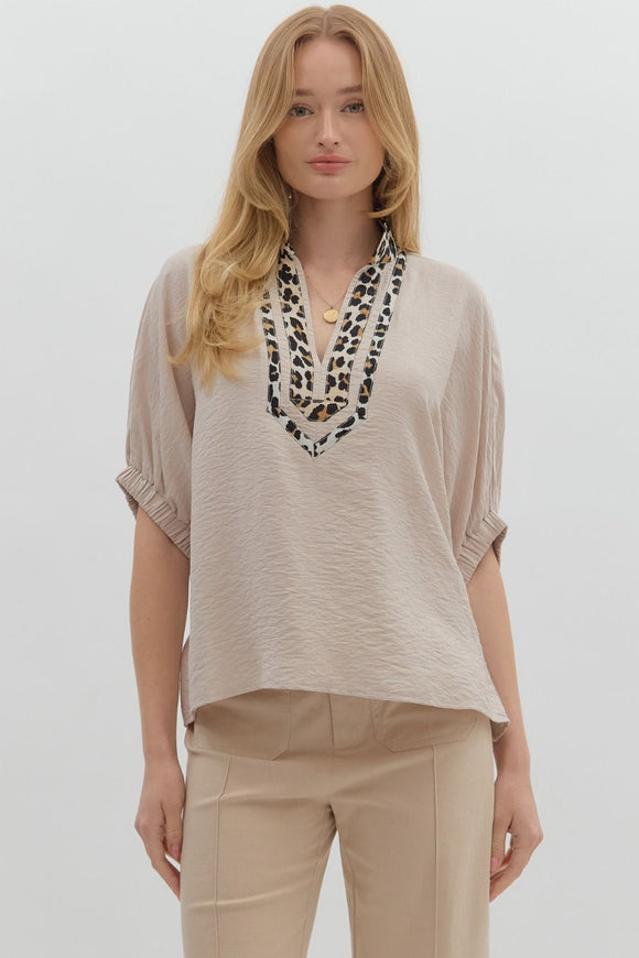 Leopard Trim Split Neck Top | Light Taupe
