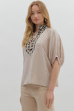Leopard Trim Split Neck Top | Light Taupe