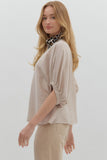 Leopard Trim Split Neck Top | Light Taupe
