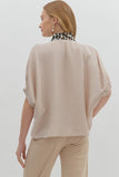Leopard Trim Split Neck Top | Light Taupe