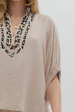 Leopard Trim Split Neck Top | Light Taupe
