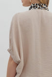 Leopard Trim Split Neck Top | Light Taupe