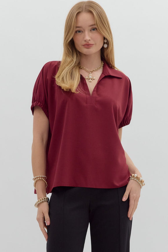 Collared Side Slit Top | Burgundy