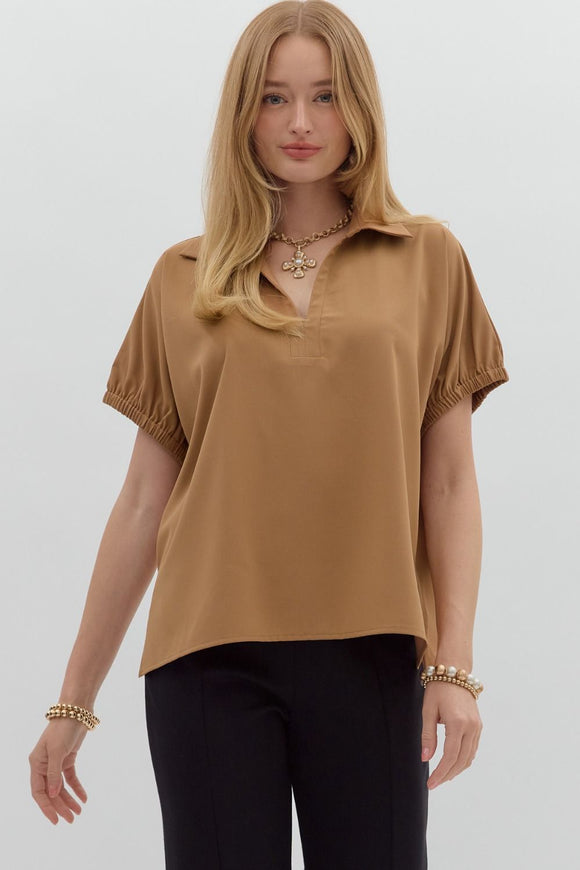 Collared Side Slit Top | Camel