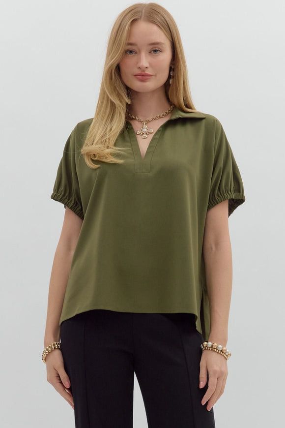 Collared Side Slit Top | Olive