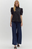 Solid Button Puff Sleeve Ruffle Trim Top | Black