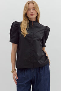Solid Button Puff Sleeve Ruffle Trim Top | Black