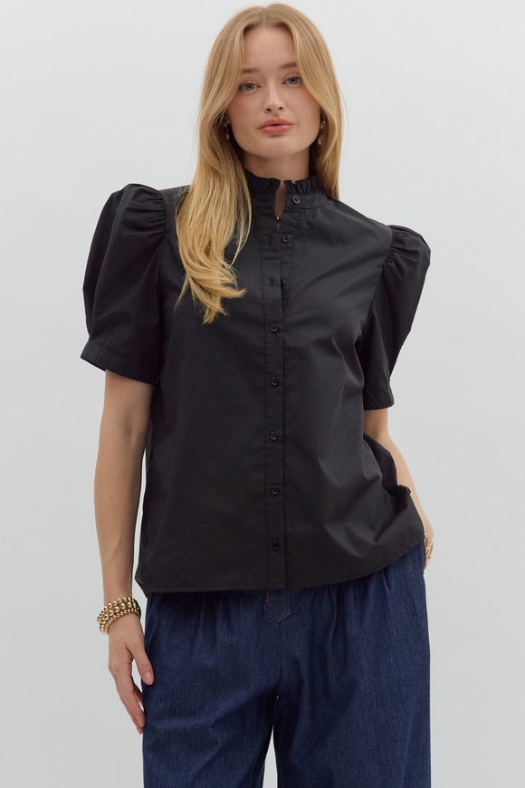 Solid Button Puff Sleeve Ruffle Trim Top | Black