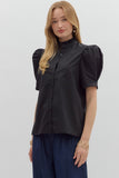Solid Button Puff Sleeve Ruffle Trim Top | Black
