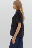 Solid Button Puff Sleeve Ruffle Trim Top | Black