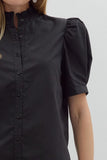 Solid Button Puff Sleeve Ruffle Trim Top | Black