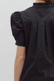 Solid Button Puff Sleeve Ruffle Trim Top | Black