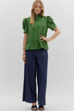 Solid Button Puff Sleeve Ruffle Trim Top | Green
