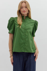 Solid Button Puff Sleeve Ruffle Trim Top | Green