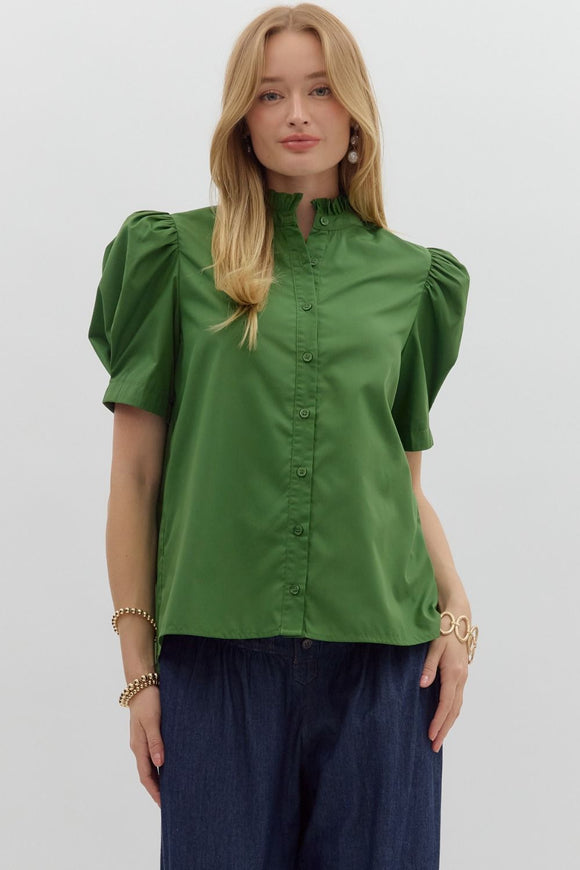 Solid Button Puff Sleeve Ruffle Trim Top | Green