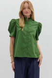 Solid Button Puff Sleeve Ruffle Trim Top | Green