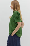 Solid Button Puff Sleeve Ruffle Trim Top | Green