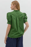 Solid Button Puff Sleeve Ruffle Trim Top | Green