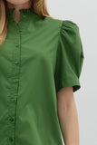 Solid Button Puff Sleeve Ruffle Trim Top | Green