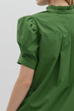 Solid Button Puff Sleeve Ruffle Trim Top | Green