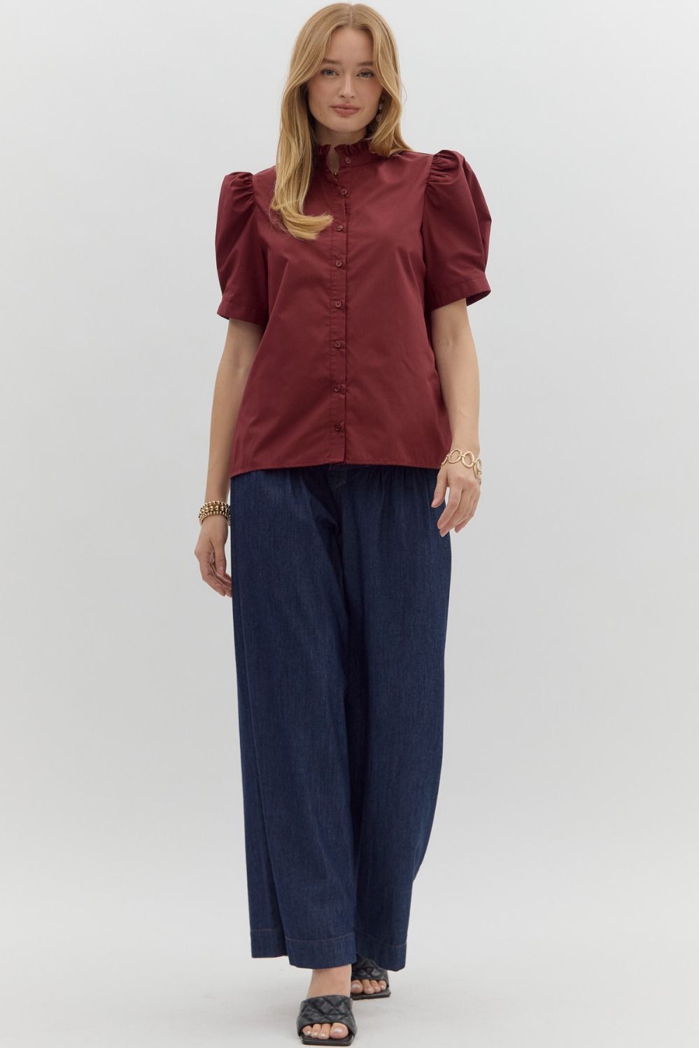Solid Button Puff Sleeve Ruffle Trim Top | Burgundy