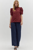 Solid Button Puff Sleeve Ruffle Trim Top | Burgundy
